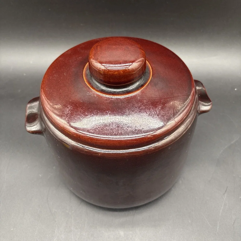 West Bend Brown Glazed Stoneware Bean Pot Crock with Lid Vintage Kitchen
